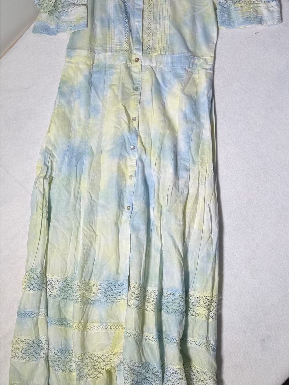 LoveShackFancy Pastel Blue and Pale Yellow Tie-Dye Lace-Trim Maxi Skirt
